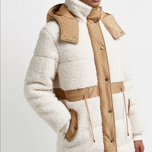 Borg Cream Padded Parka Coat Sherpa - Picture 2 of 6